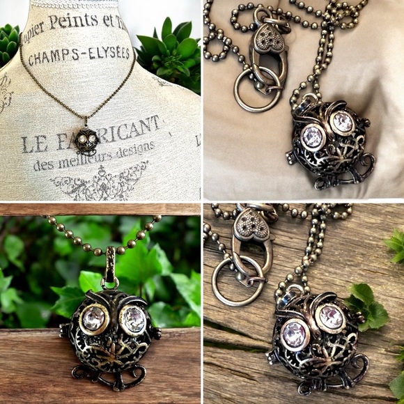 Bronze and rhinestone owl locket necklace. Owl necklace. - Picture 11 of 11